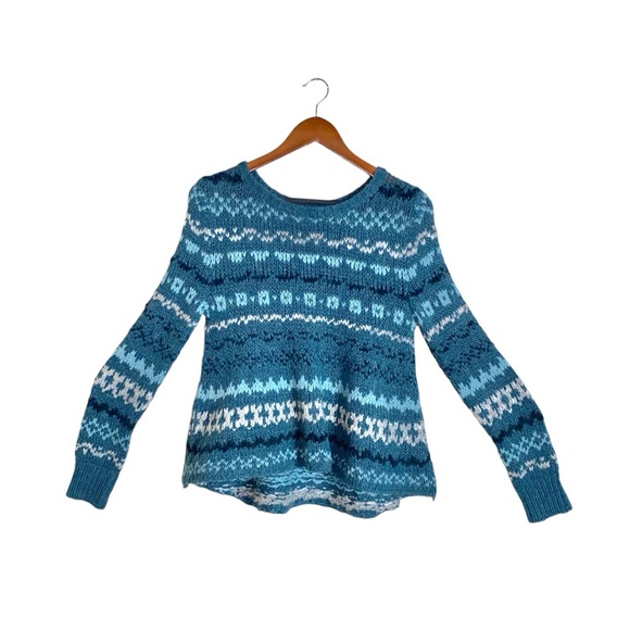 Free People Through the Storm Sea Blue Fair Isle Chunky Knit Long Sleeve Sweater - Picture 3 of 6